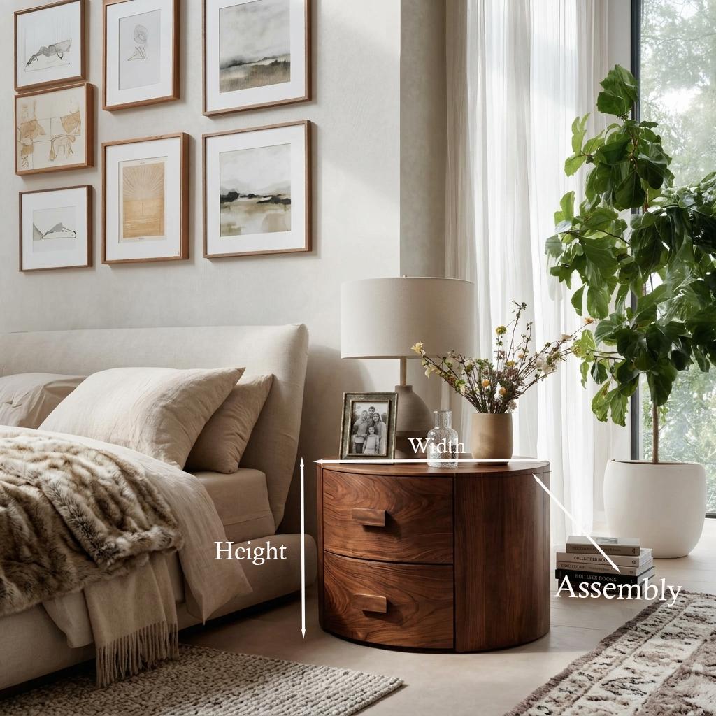 Modern Round Wooden Nightstand with 2 Drawers, Curved Wood Bedside Table for Bedroom Storage, Model