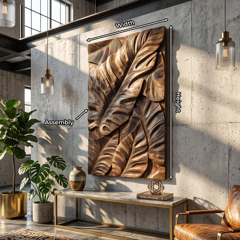 Industrial Wooden Wall Art with Leaf Relief Design, Carved Leaf Art Panel for Entryway