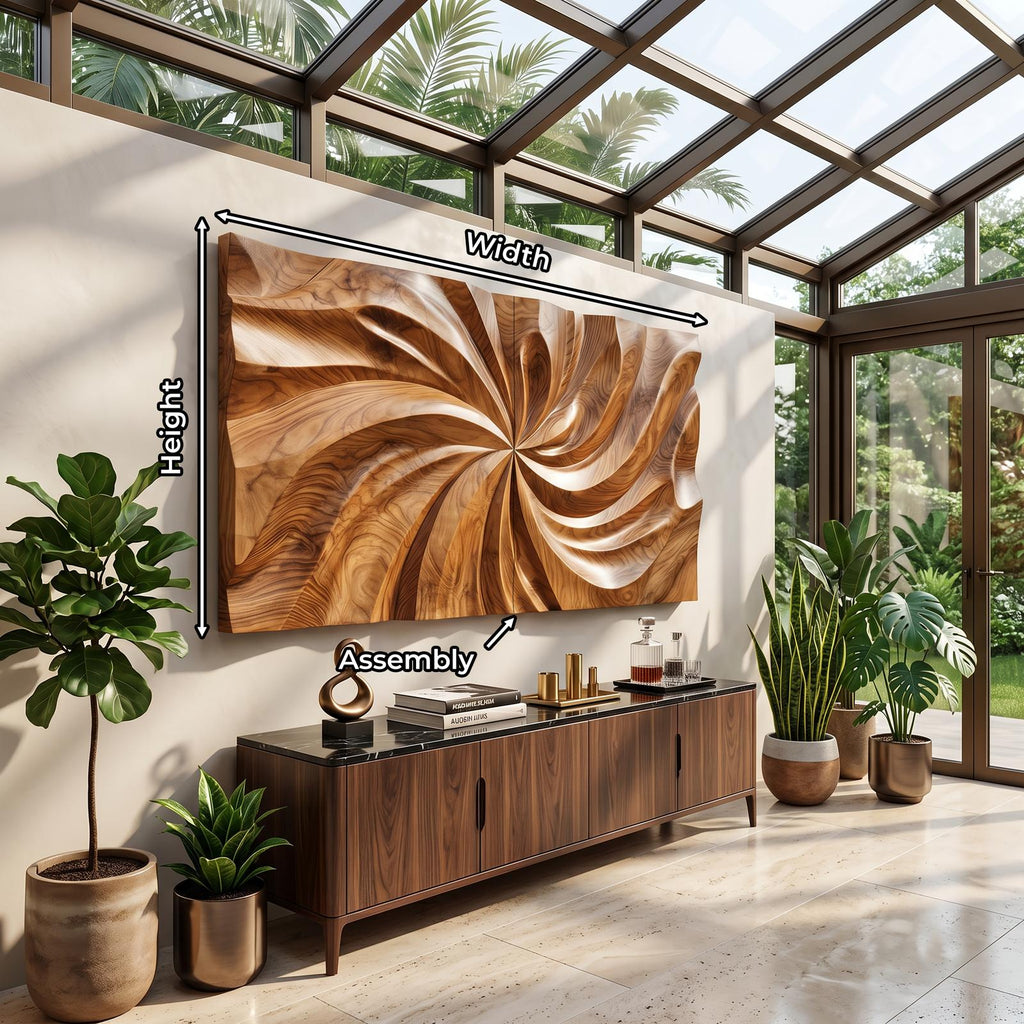 Modern Wood Wall Art with Swirl Relief, 3D Abstract Wave Carved Wall Panel Decor