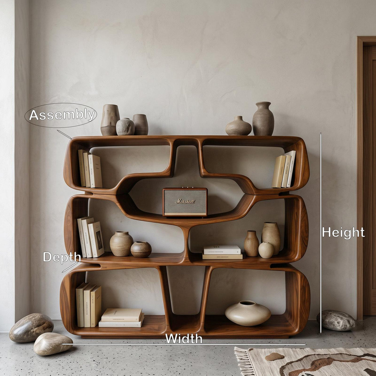 Modern Sculptural Bookshelf with Organic Curves, Handcrafted Solid Wood Standing Bookcase for Living Room & Office