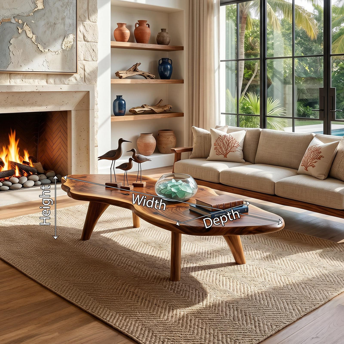 Mid Century Modern Live Edge Coffee Table, Handcrafted Natural Wood Slab Center Table with Metal Legs