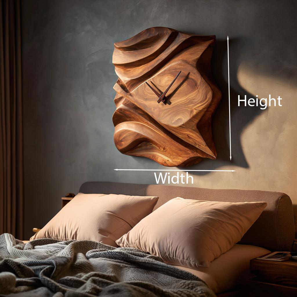 Contemporary Wooden Wall Clock, Hand-Carved Abstract Wave Wood Accent Clock for Bedroom & Living Room Decor