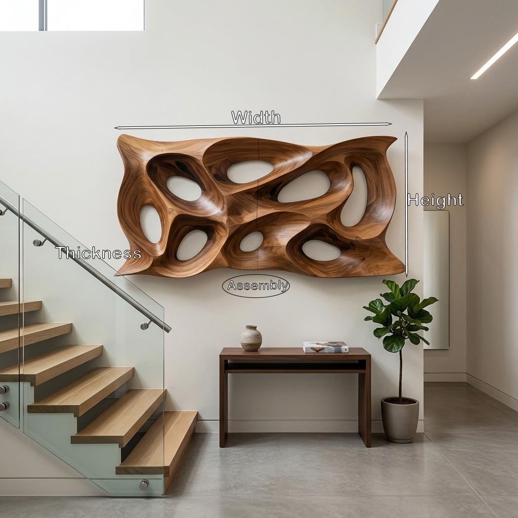 Modern Sculptural Wall Art, Abstract 3D Carved Wood Wall Sculpture Panel for Lounge & Living Room Decor