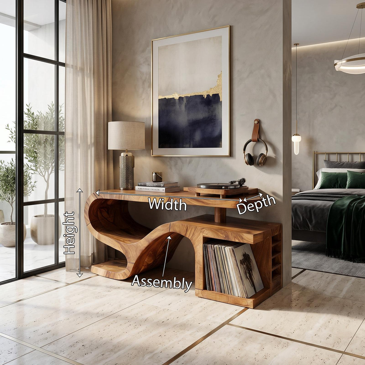 Spry Interior Minimalist Organic Wooden Record Player Stand, Handcrafted Modern Turntable Console Cabinet with Vinyl Storage, Model SILDTTRRPT043