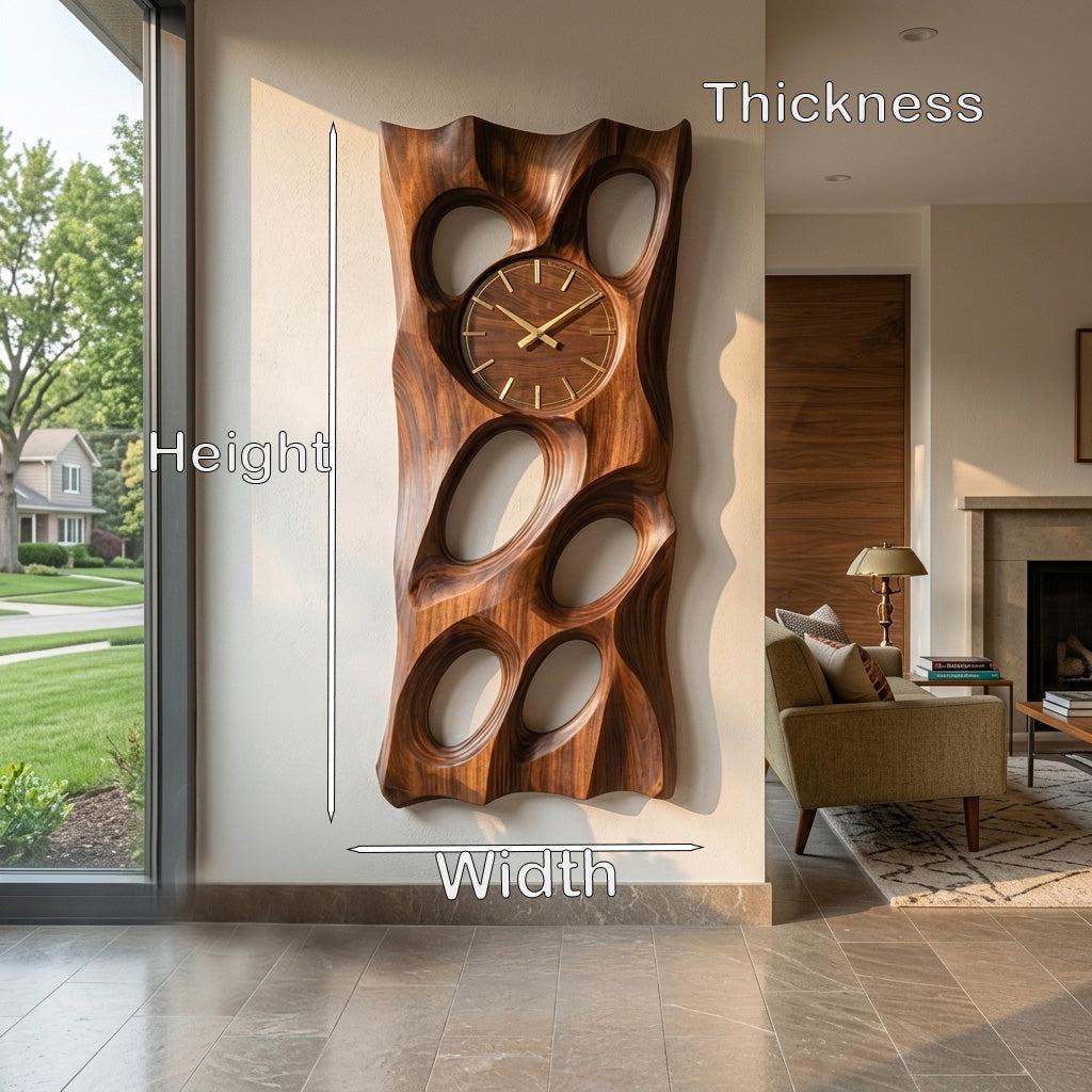 Wooden Wall Clock with Openwork Geometric Design, Modern 3D Carved Wood Hanging Clock for Living Room Wall Decor
