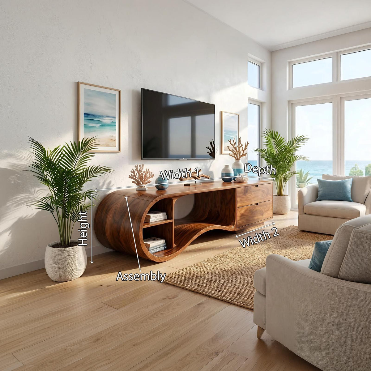 Contemporary Organic TV Cabinet, Handcrafted Wavy Edge Solid Wood Media Sideboard Console & Entertainment Board Stand