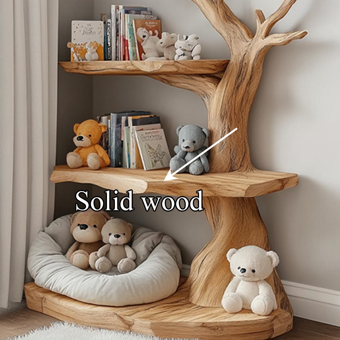 Rustic Corner Tree Bookshelf, Solid Wood Children Bedroom Wall Hanging Bookcase & Kids Floating Toy Organizer Shelf