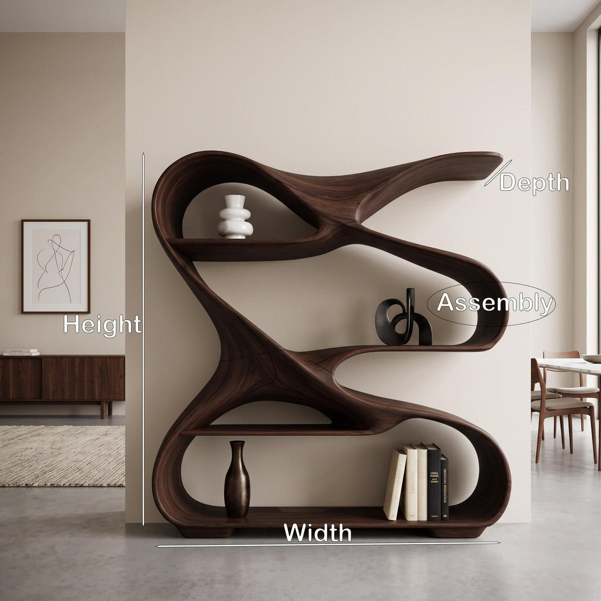 Modern Sculptural Wooden Bookshelf For Living Room Or Office Display