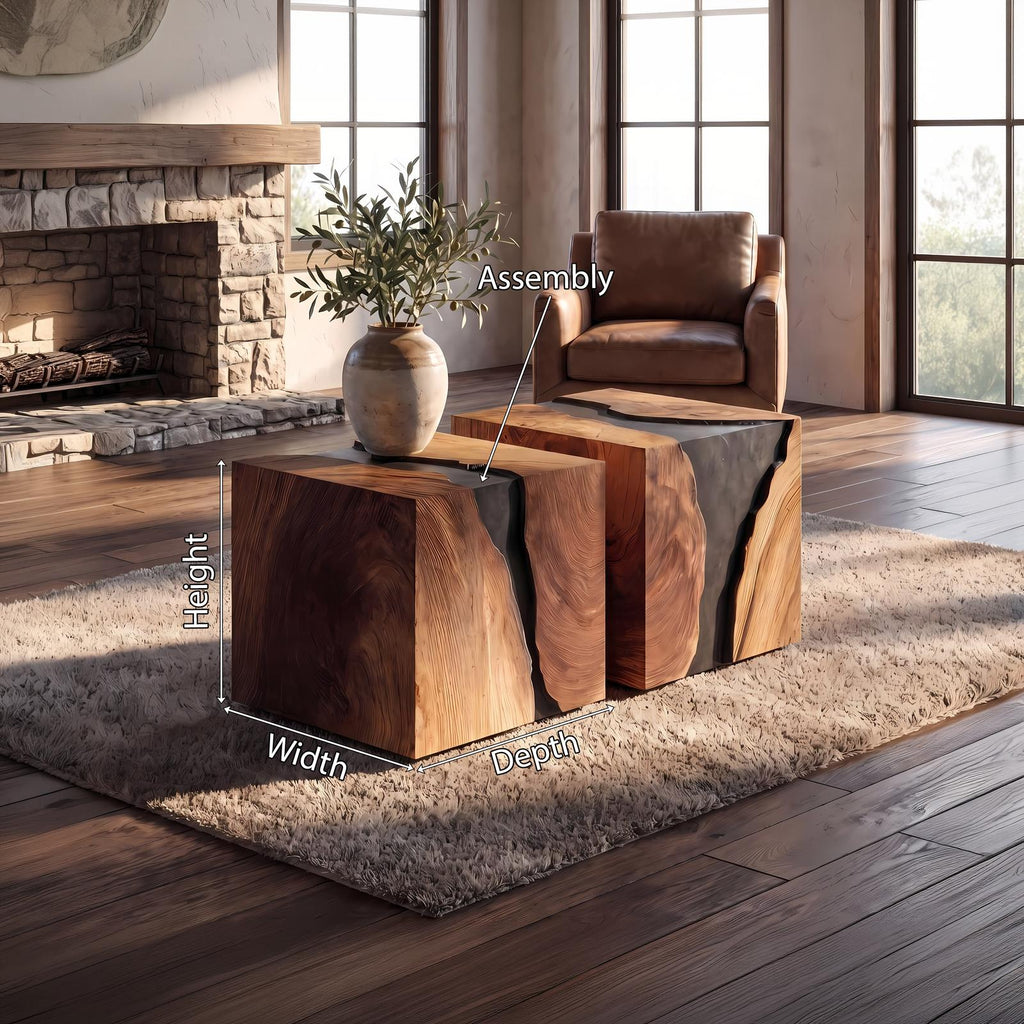 Modern Solid Wood Cube Coffee Table, Handcrafted Wooden Block End Side Table & Bedside Nightstand for Home Decor