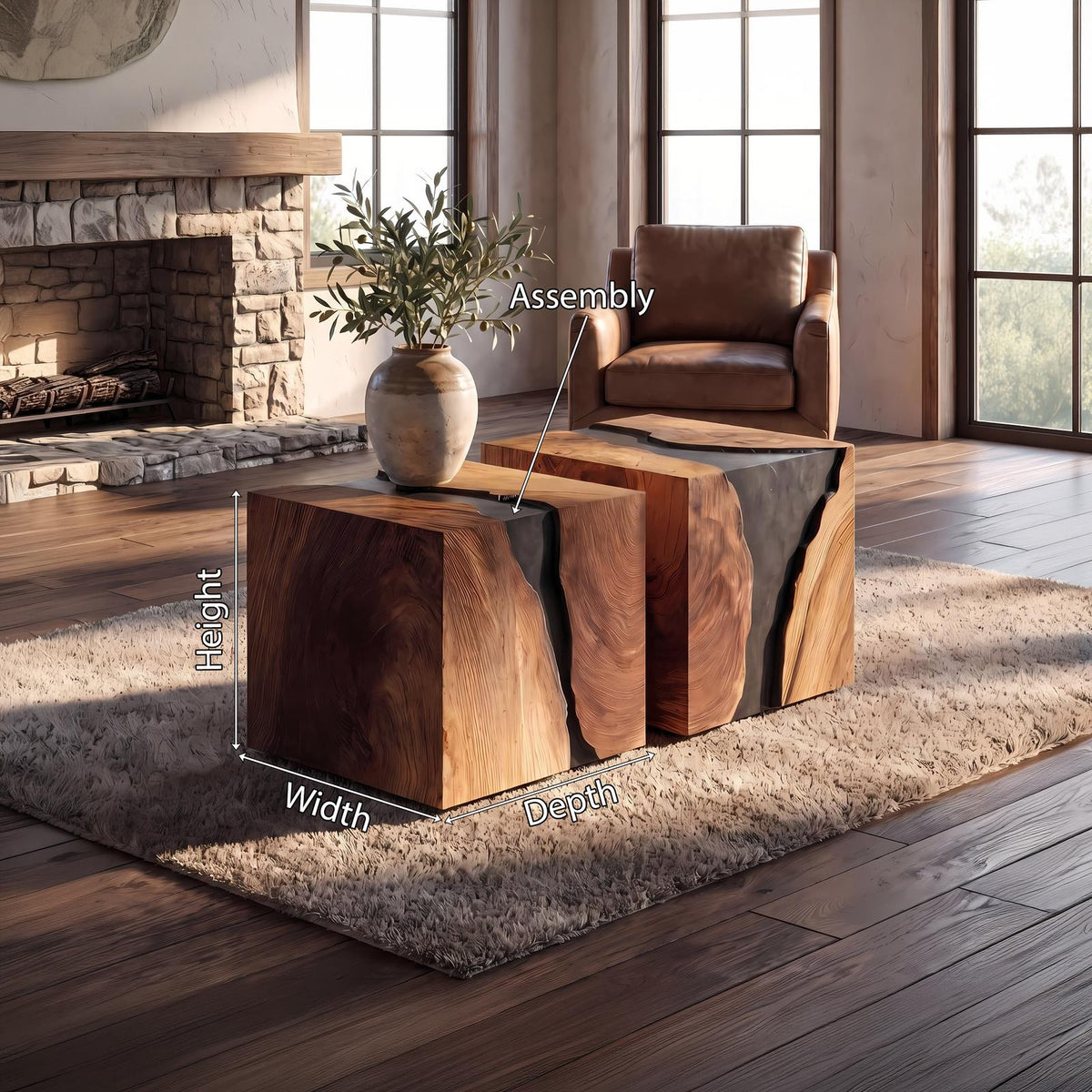 Modern Solid Wood Cube Coffee Table, Handcrafted Wooden Block End Side Table & Bedside Nightstand for Home Decor
