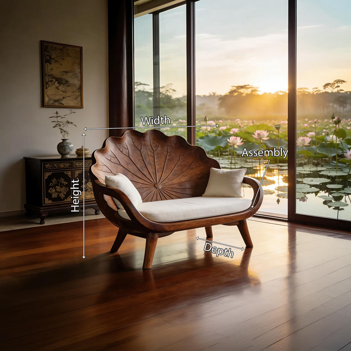 Spry Interior Contemporary Lotus Leaf Backrest Bench, Solid Wood Entryway & Veranda Lounge Bench, Indoor Accent Seating, SILDTTNBEN025