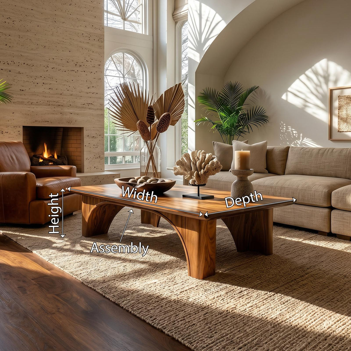 Arched Wood Coffee Table, Mid-Century Modern Curved Base Center Table for Garden Room and Living Room, Solid Wood