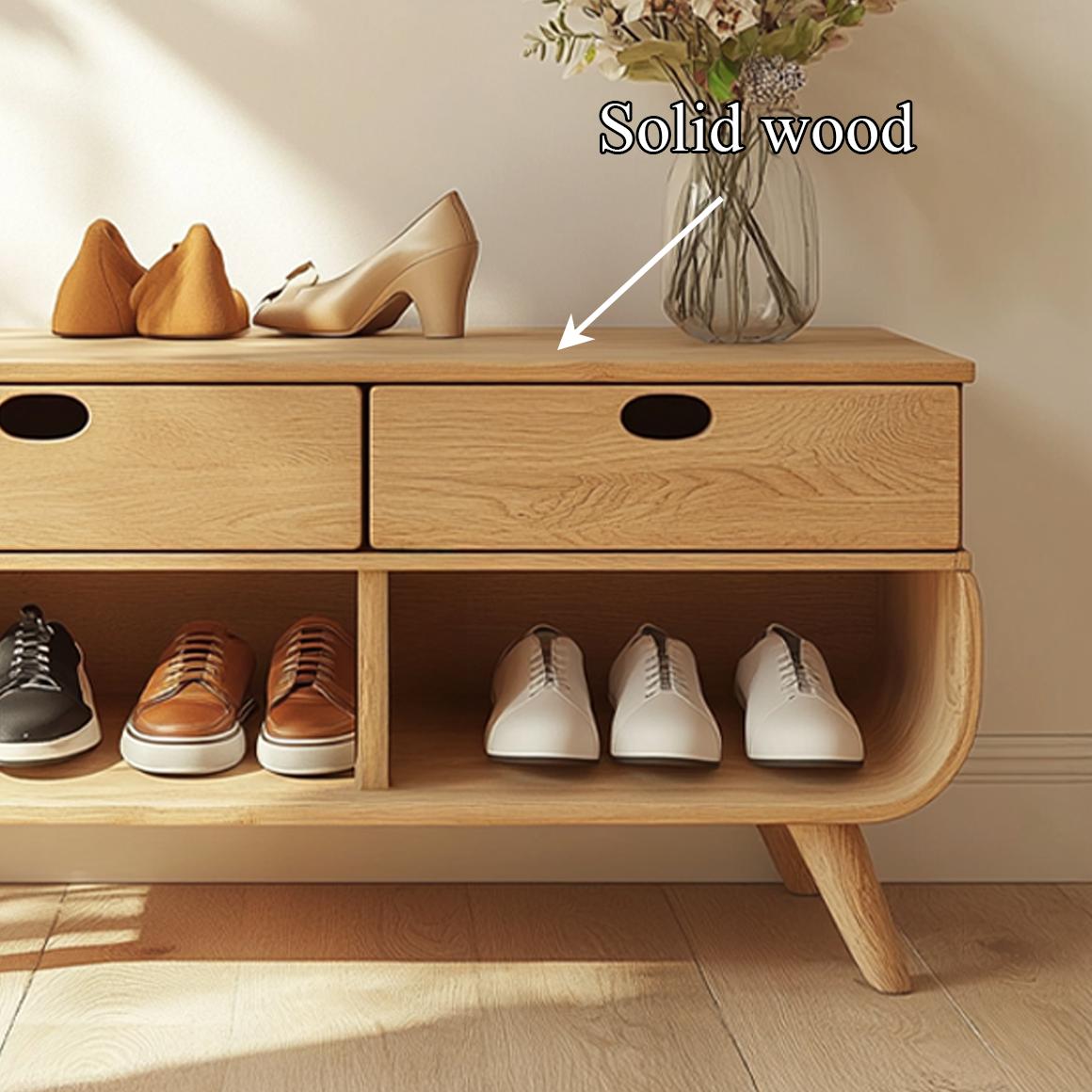 Mid Century Modern Organic Shoe Cabinet, Solid Wood Entryway Storage Organizer Bench for Hallway, Living Room