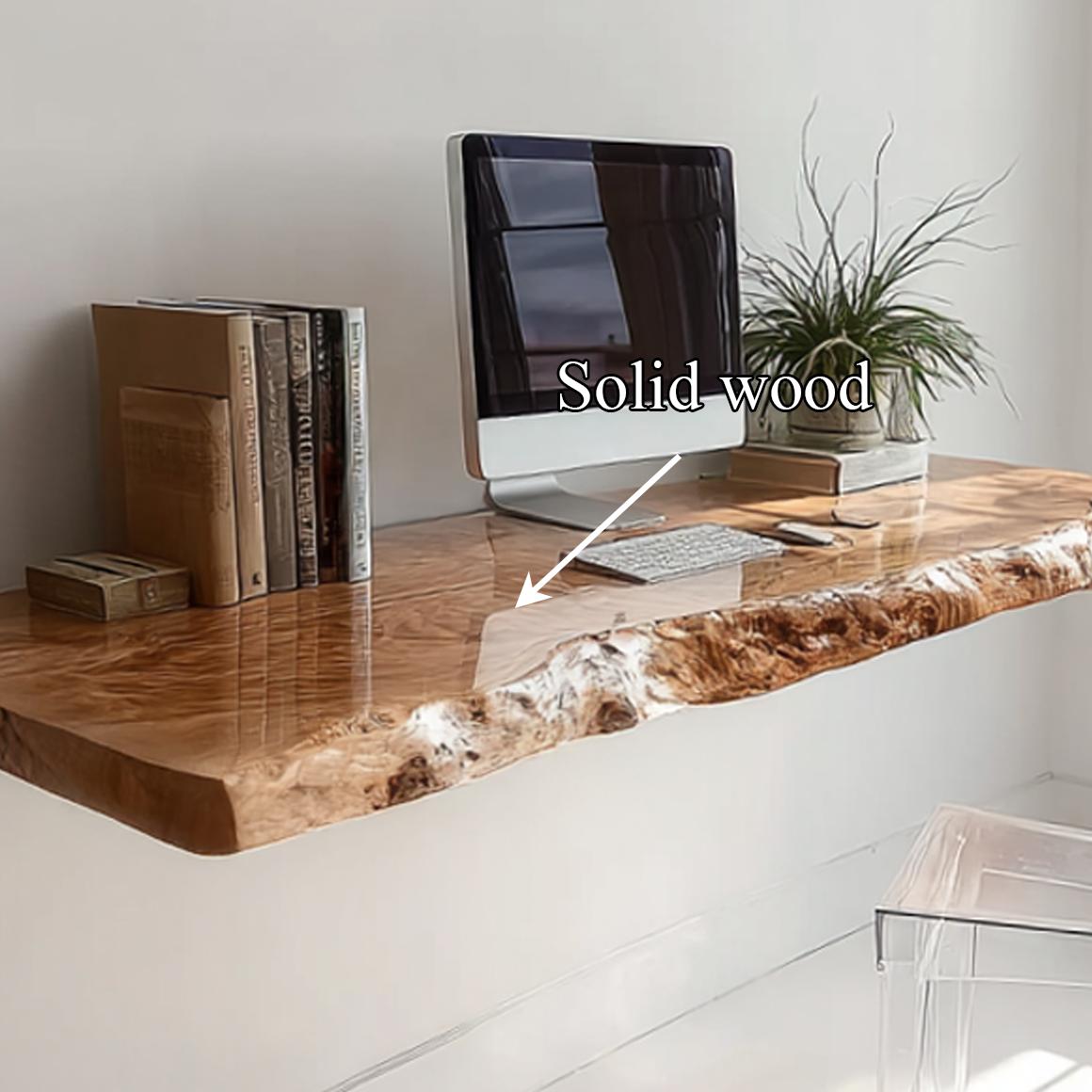 Rustic Live Edge Wall Mounted Wood Desk, Space Saving Floating Laptop Workbench for Home Office, Bedroom, Living Room