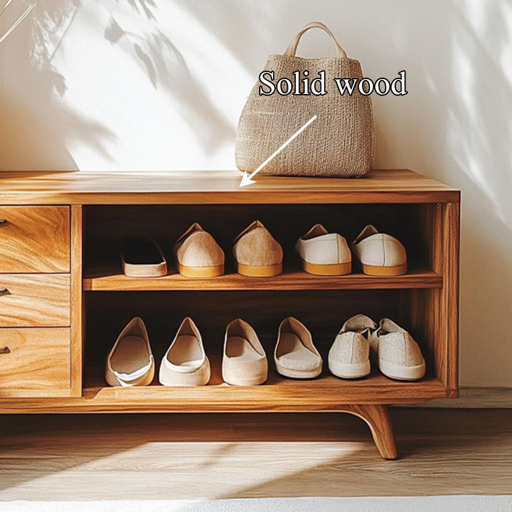 Mid Century Organic Shoe Storage Bench, Solid Natural Wood Entryway Cabinet Organizer for Creative Studio