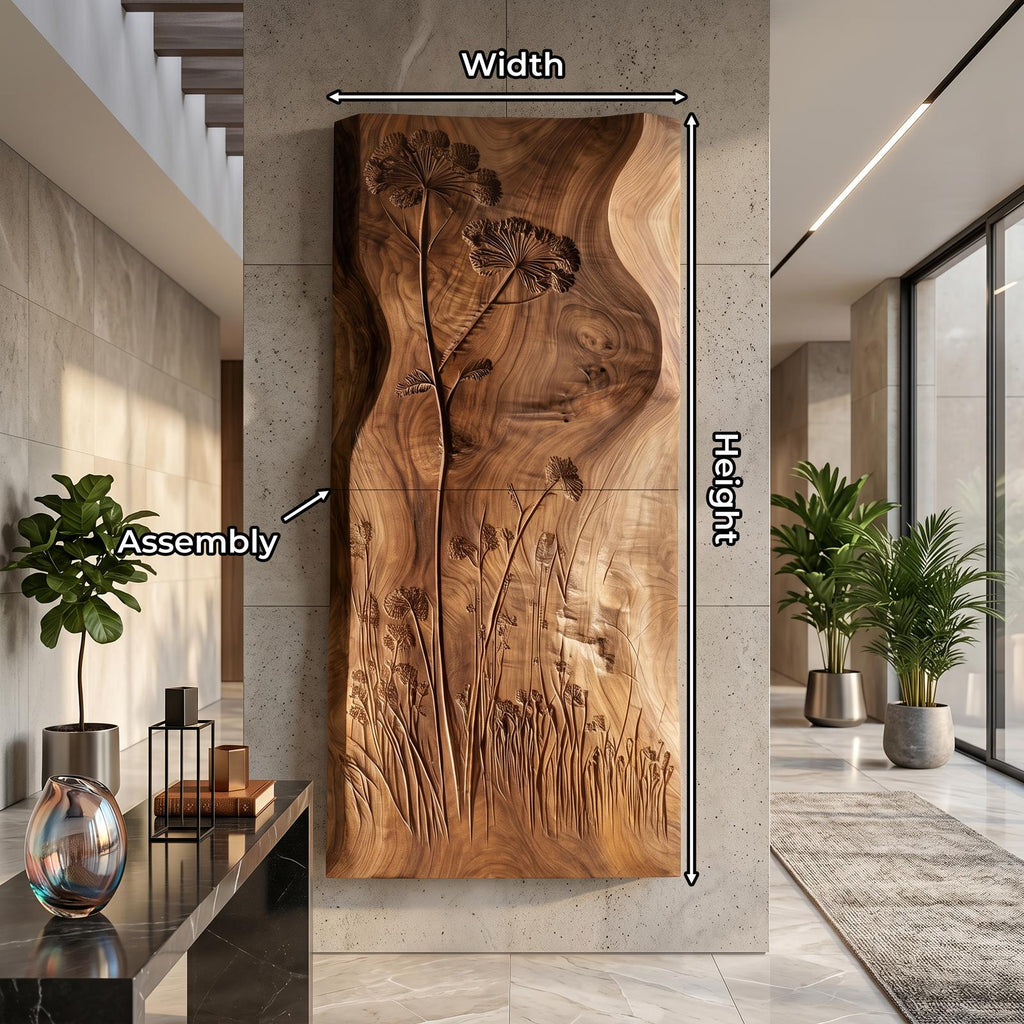 Botanical Wall Panel with Wildflower Relief, Handcarved Wooden Floral Wall Art Decor