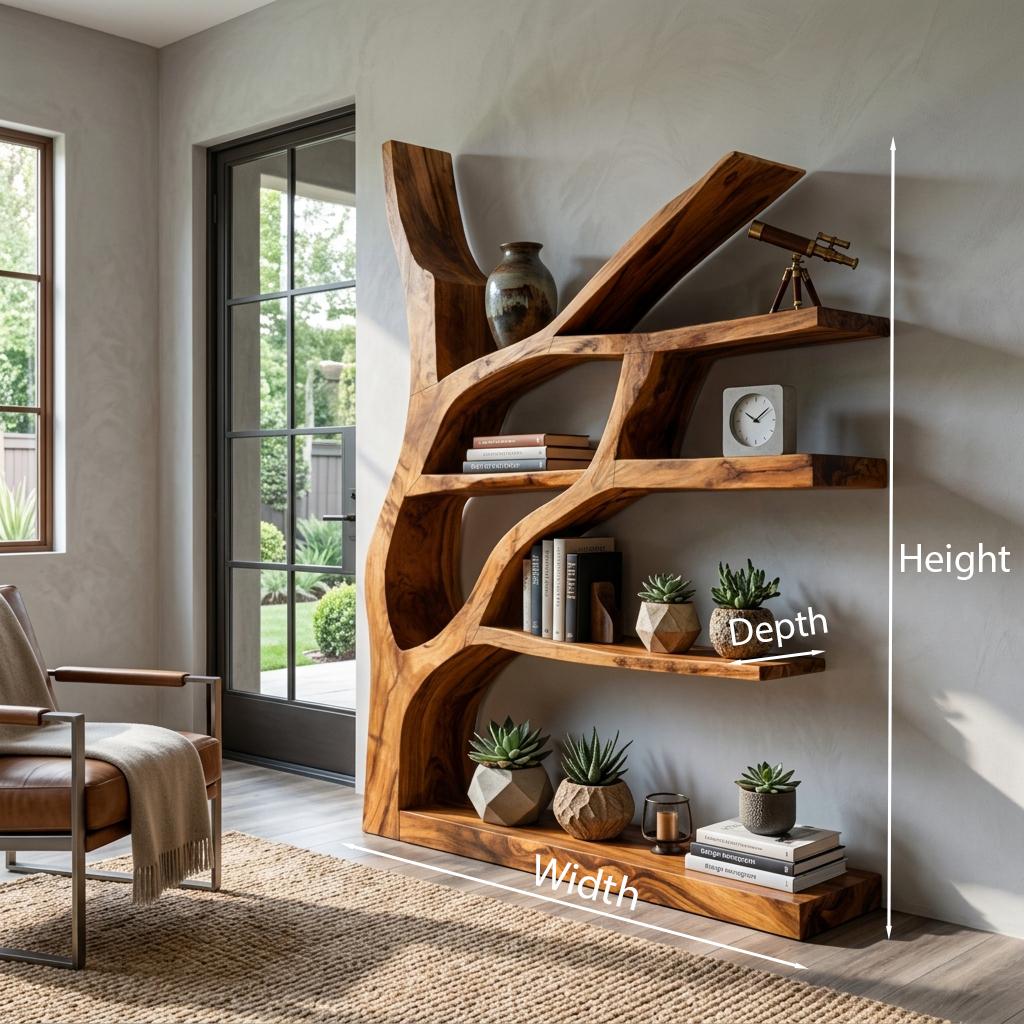 Contemporary Wooden Bookshelf with Sculptural Shape, Handcrafted Solid Wood Bookcase for Living Room & Library