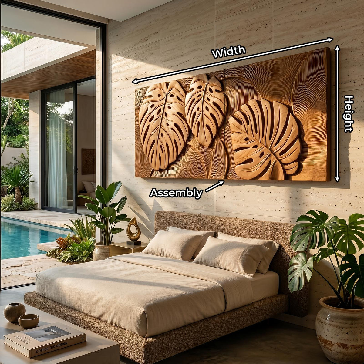 Tropical Wall Art with Leaf Texture, Carved Wood Monstera Palm Leaf Art Panel for Bathroom