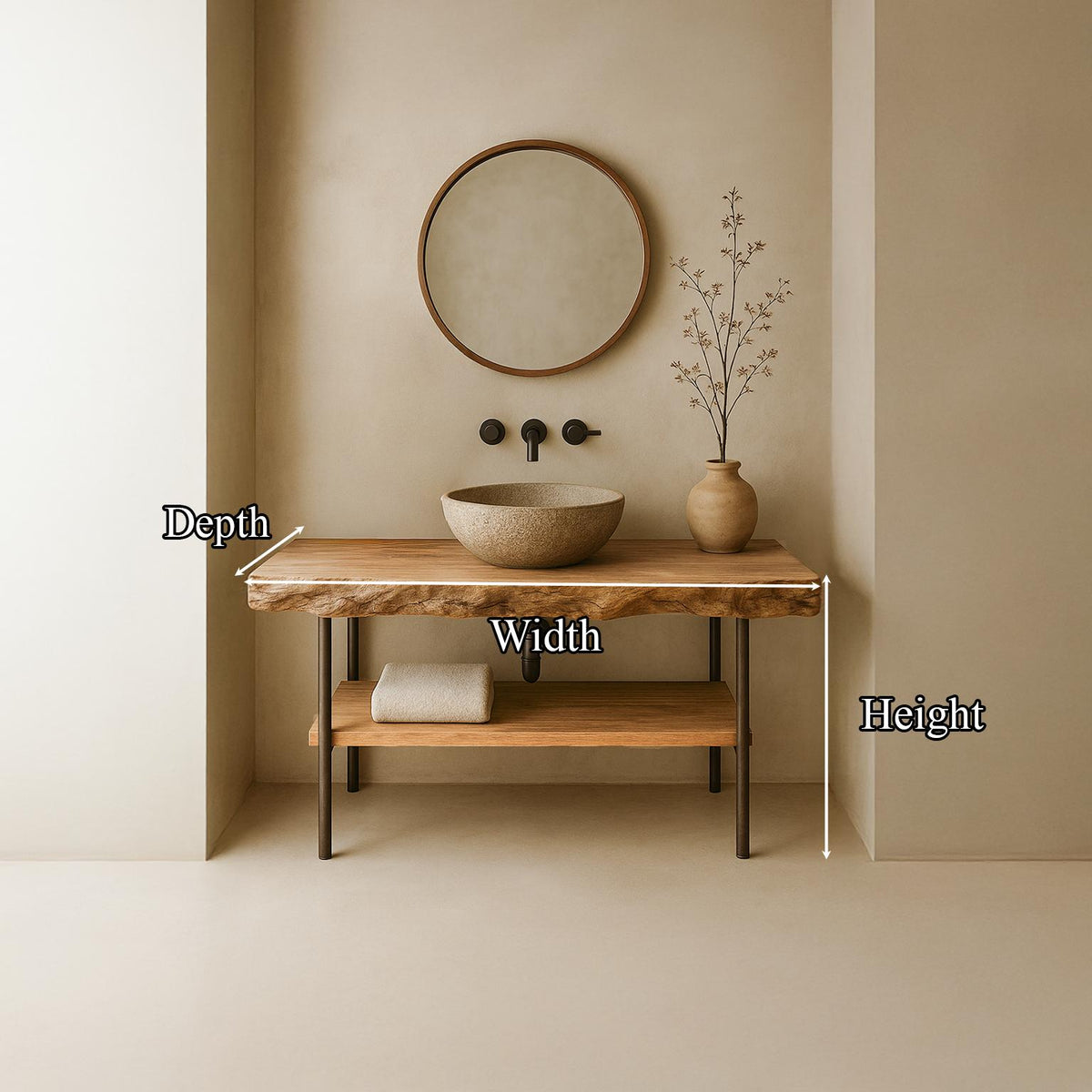 Mid-Century Natural Edge Counter, Solid Wood Bathroom Vanity Countertop, Single Sink Floating Support Shelf