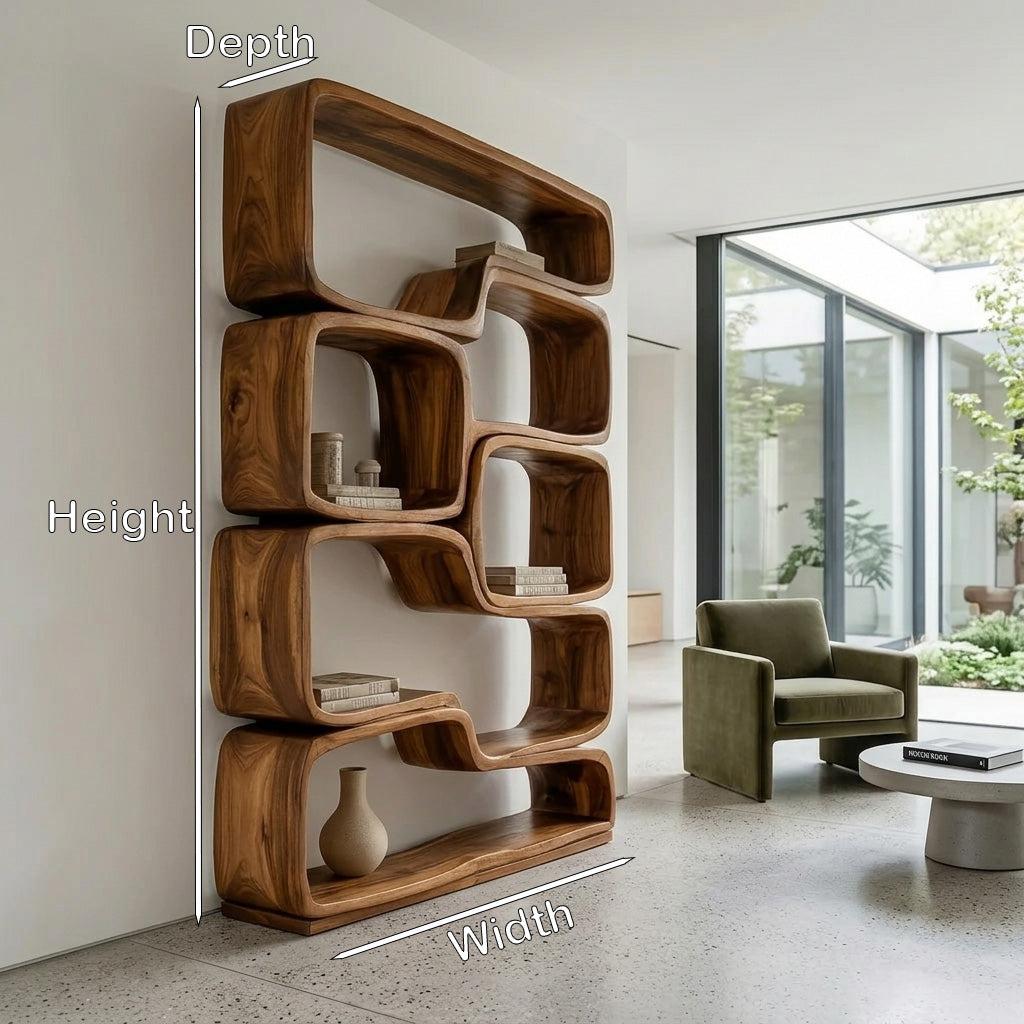 Contemporary Sculptural Natural Wood Bookshelf, Handcrafted Solid Wood Bookcase for Modern Living Room & Office