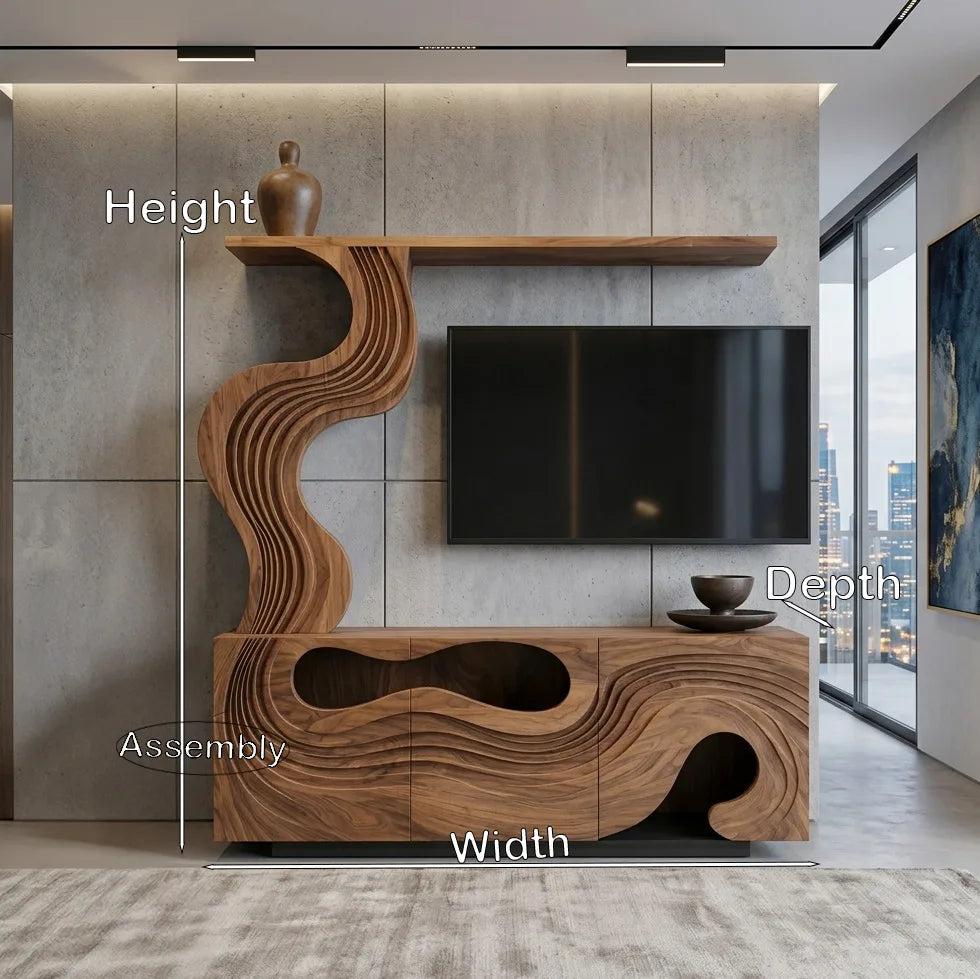 Sculptural Carved Wooden TV Stand With Display Shelf For Living Room