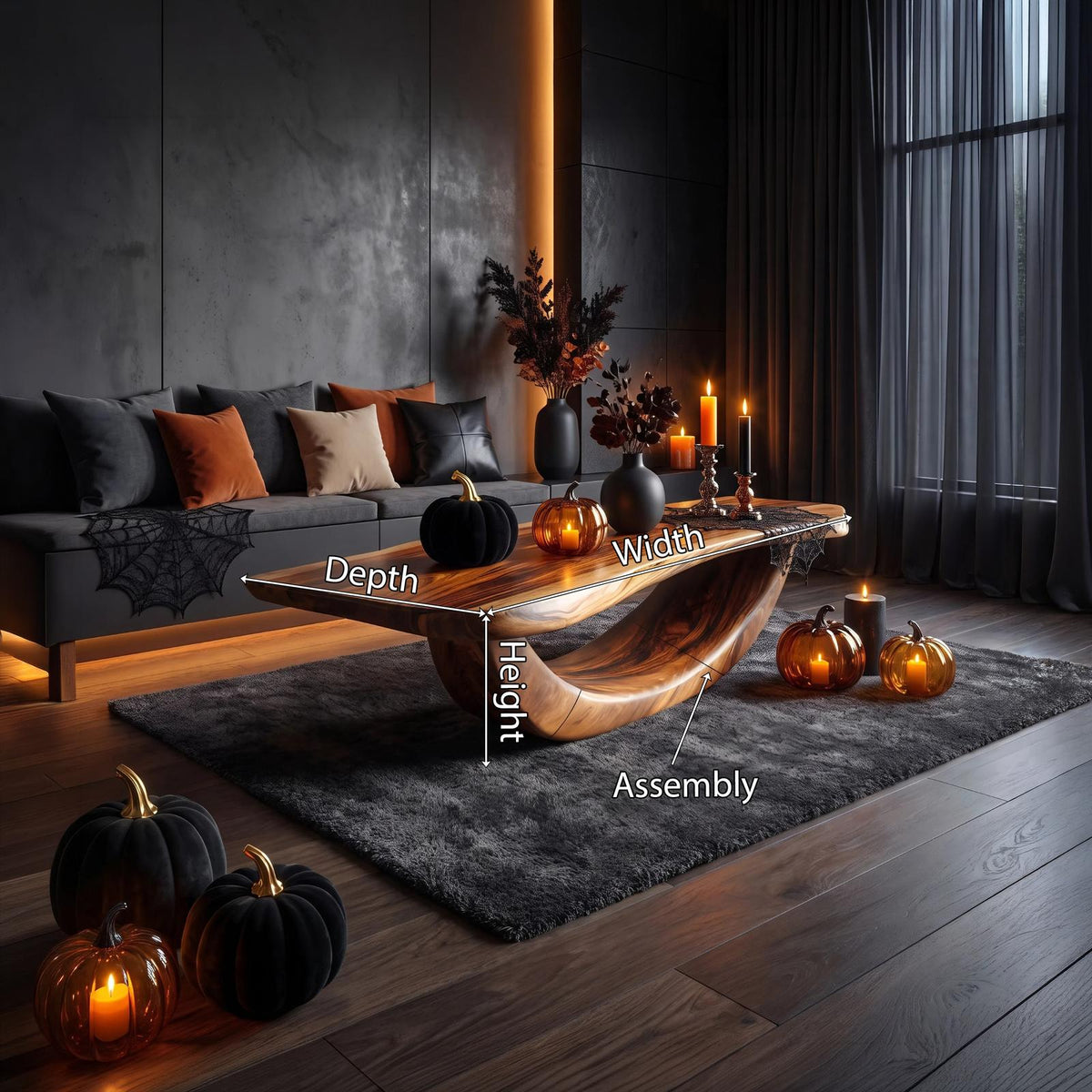 Farmhouse Wooden Live Edge Coffee Table, Dark Reclaimed Solid Wood Center Cocktail Table with Metal Legs, Spooky Decor Theme, SILDTTNHCF027