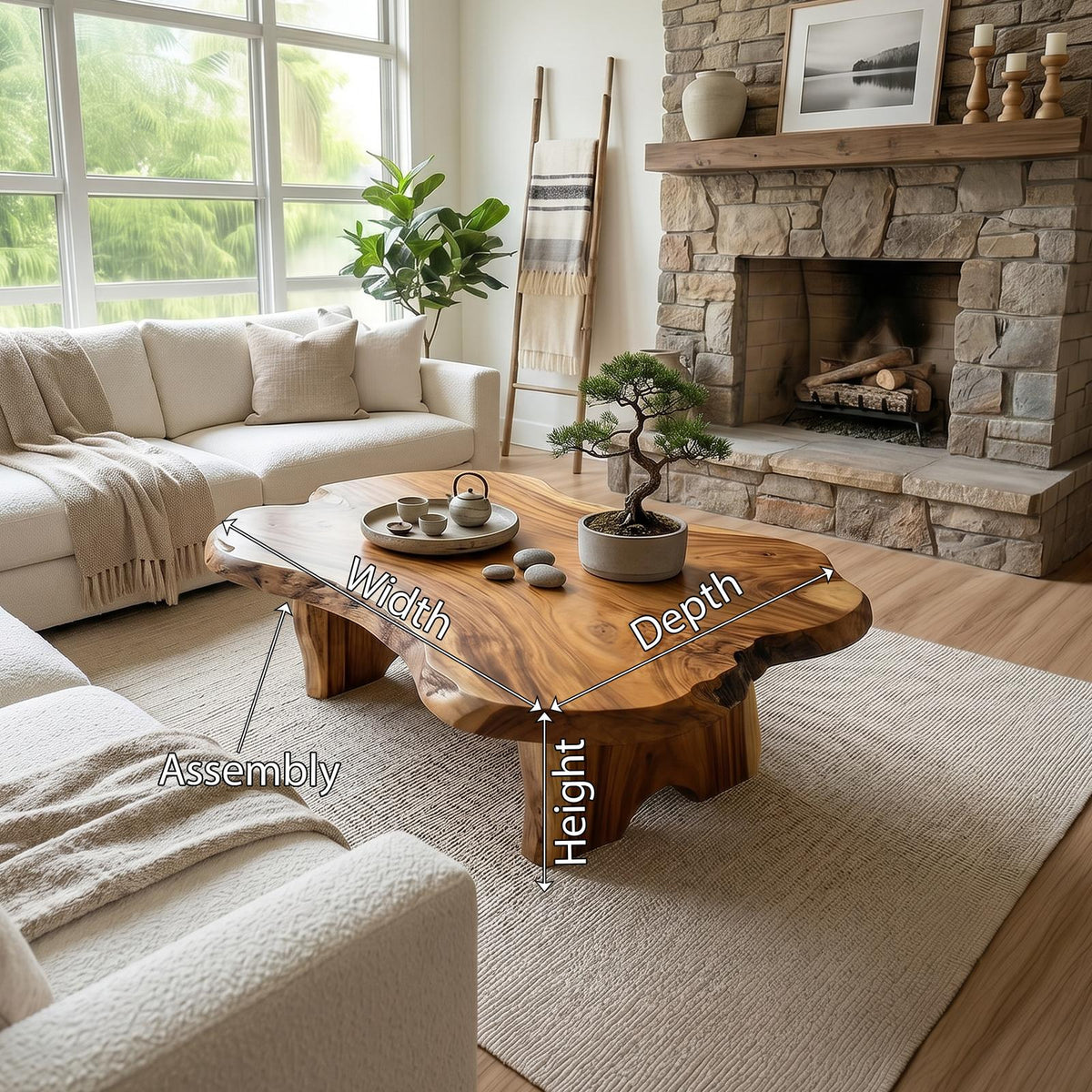 Rustic Live Edge Solid Wood Coffee Table, Natural Wood Slab Center Table for Cabin Fireplace Room and Living Room