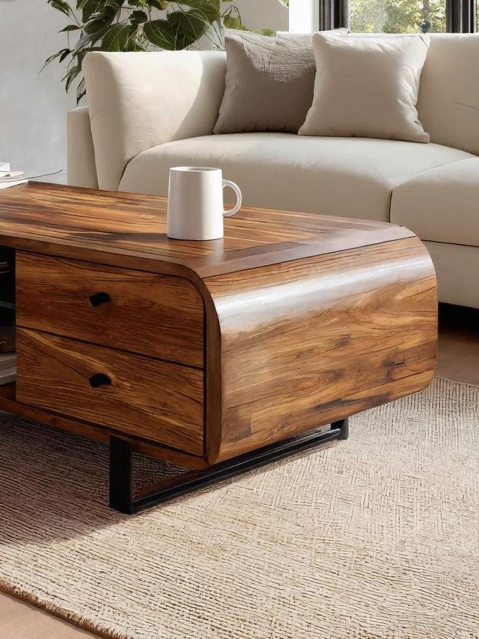 Contemporary Wooden Coffee Table with Drawer & Open Shelf, Handcrafted Living Room Storage Center Table, Model