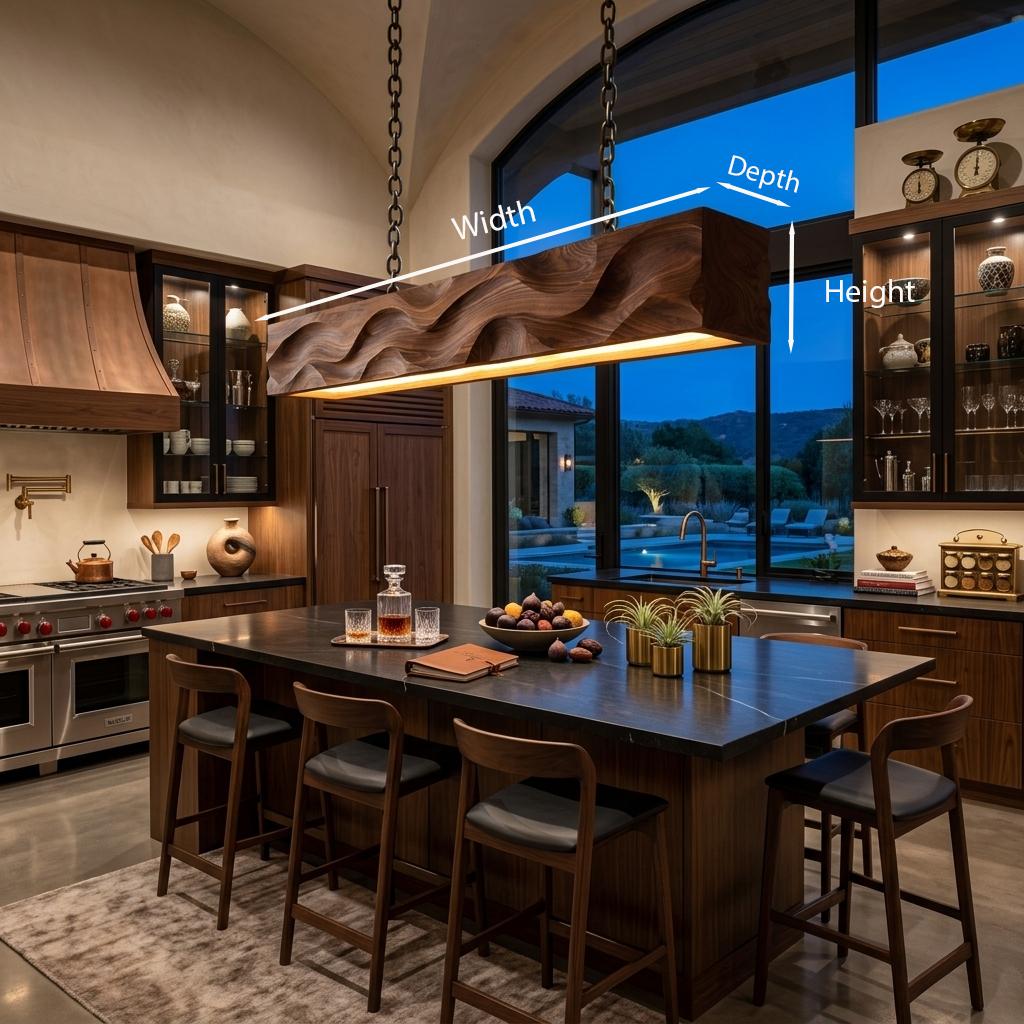 Modern Pendant Lighting with Carved Wave Wood Design, Handcrafted Hanging Ceiling Light for Dining Room & Island