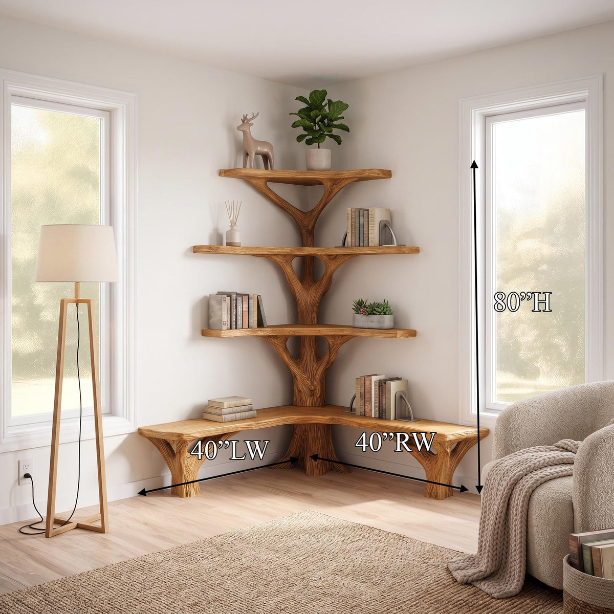 Rustic Tree Bookshelf Corner Living Room SINLSATB230