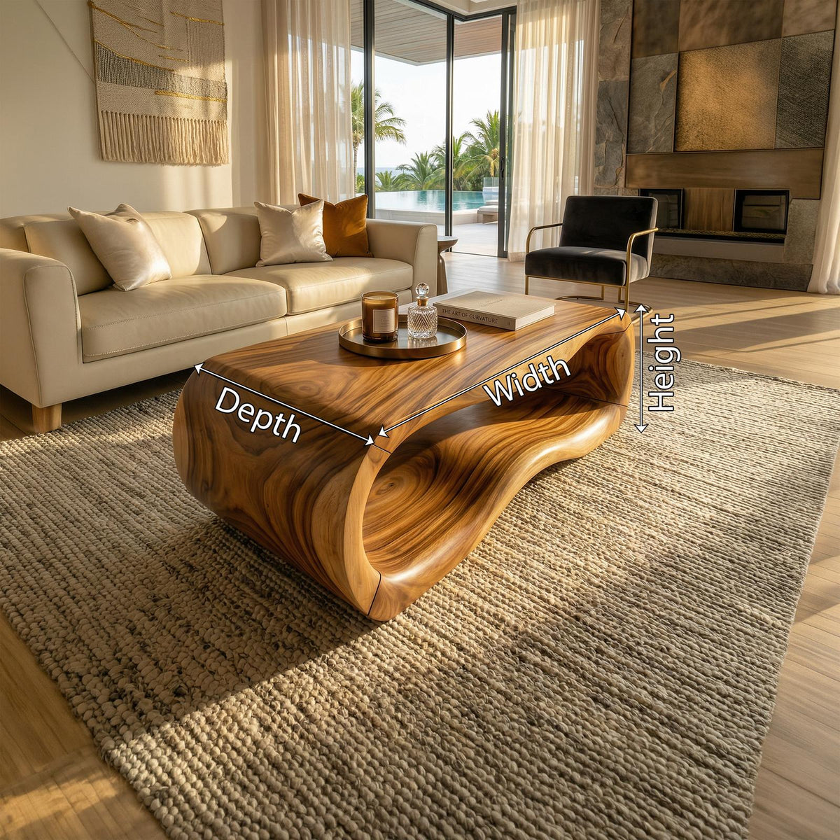 Luxury Sculptural Wood Coffee Table, Solid Wood Contemporary Accent Center Table for Designer Villa and Living Room