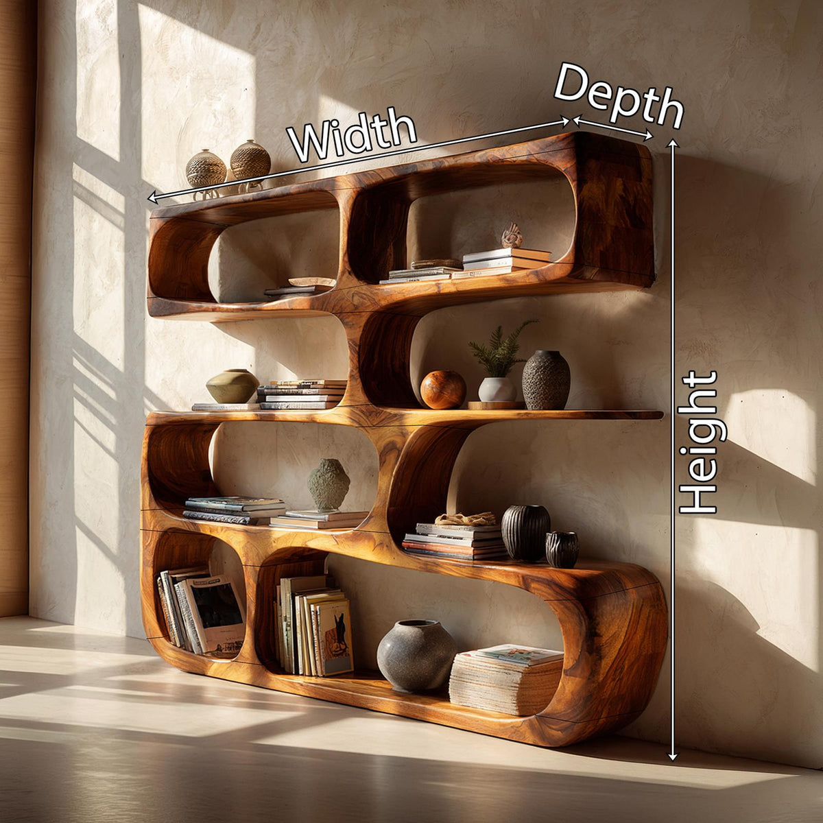 Minimalist Modern Sculptural Bookshelf, Abstract Wood Bookcase Display Stand for Living Room Art