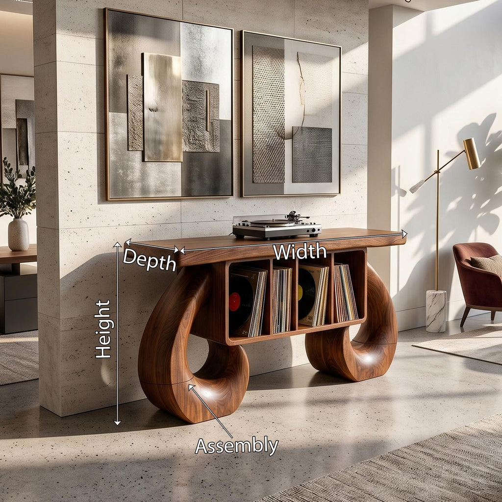Sculptural Loop Record Player Console, Handcrafted Solid Wood Vinyl Storage Cabinet & Turntable Stand, Model
