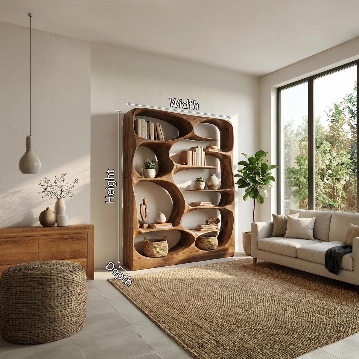 Modern Sculptural Wood Bookshelf, Handcrafted Artistic Storage Organizer Display Case Cabinet for Living Room
