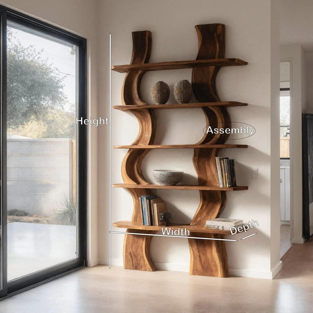 Organic Carved Wood Shelf Storage & Bookcase Display Unit, Solid Wood Accent Shelving for Home Office or Living Room