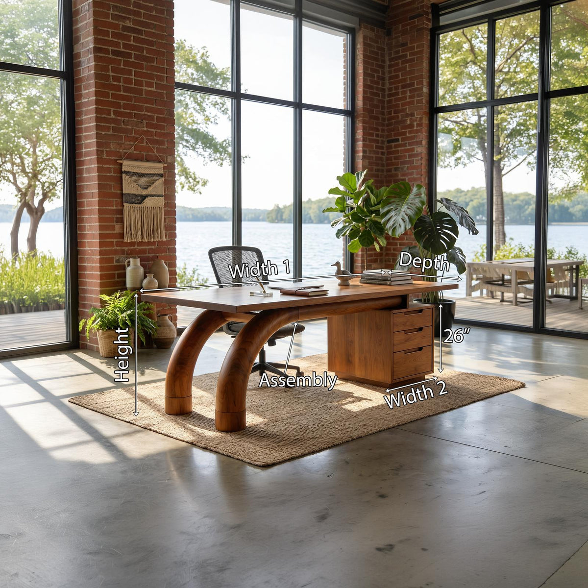 Modern Curved Solid Wood Office Desk with Open Shelf Storage, Handcrafted Laptop Computer Desk, Study Writing Table