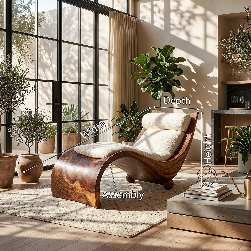 Curved Solid Walnut Chaise Lounge, Luxury Contemporary Daybed Couch for Living Room Decor
