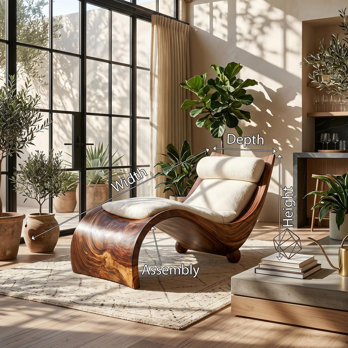Curved Solid Walnut Chaise Lounge, Luxury Contemporary Daybed Couch for Living Room Decor