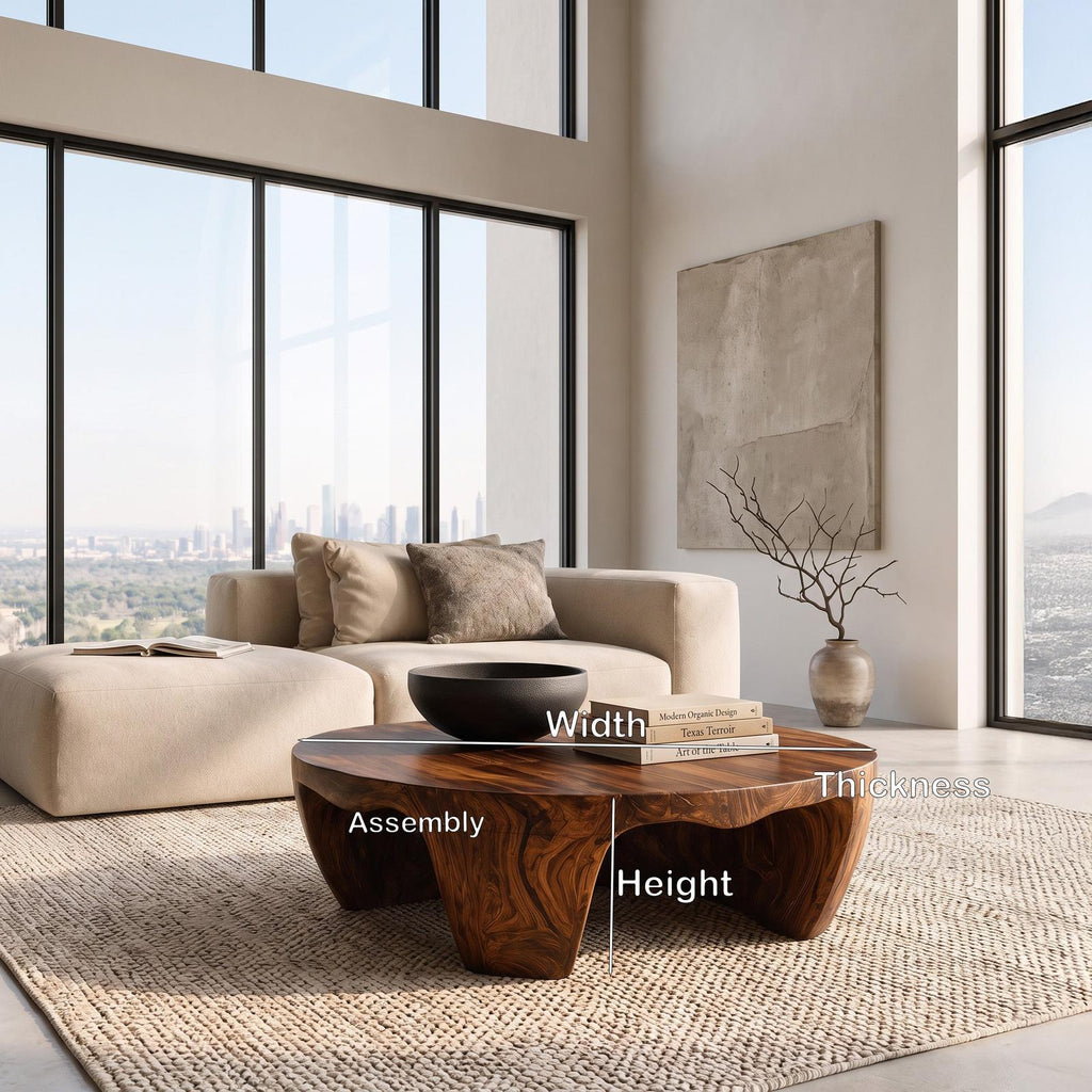 Organic Wooden Coffee Table, Natural Solid Wood Low Center Table for Modern Rustic Living Room, Model