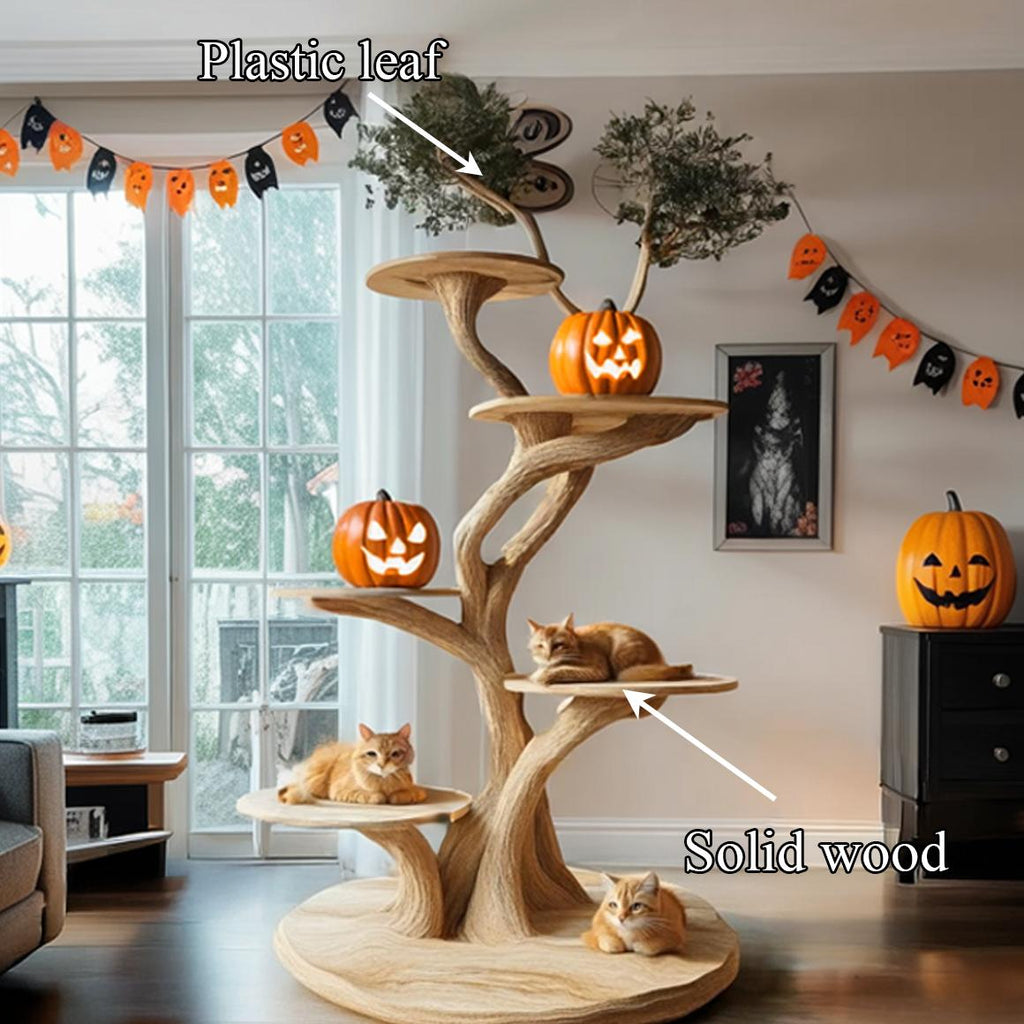 Rustic Real Wood Cat Tree Tower, Multi-Level Branch Cat Climbing Tree, Spooky Gothic Living Room Cat Furniture
