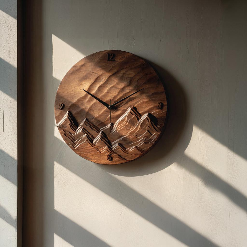 Rustic Wood Landscape Wall Clock, Handcrafted Nature Inspired Wooden Timepiece for Cabin & Living Room