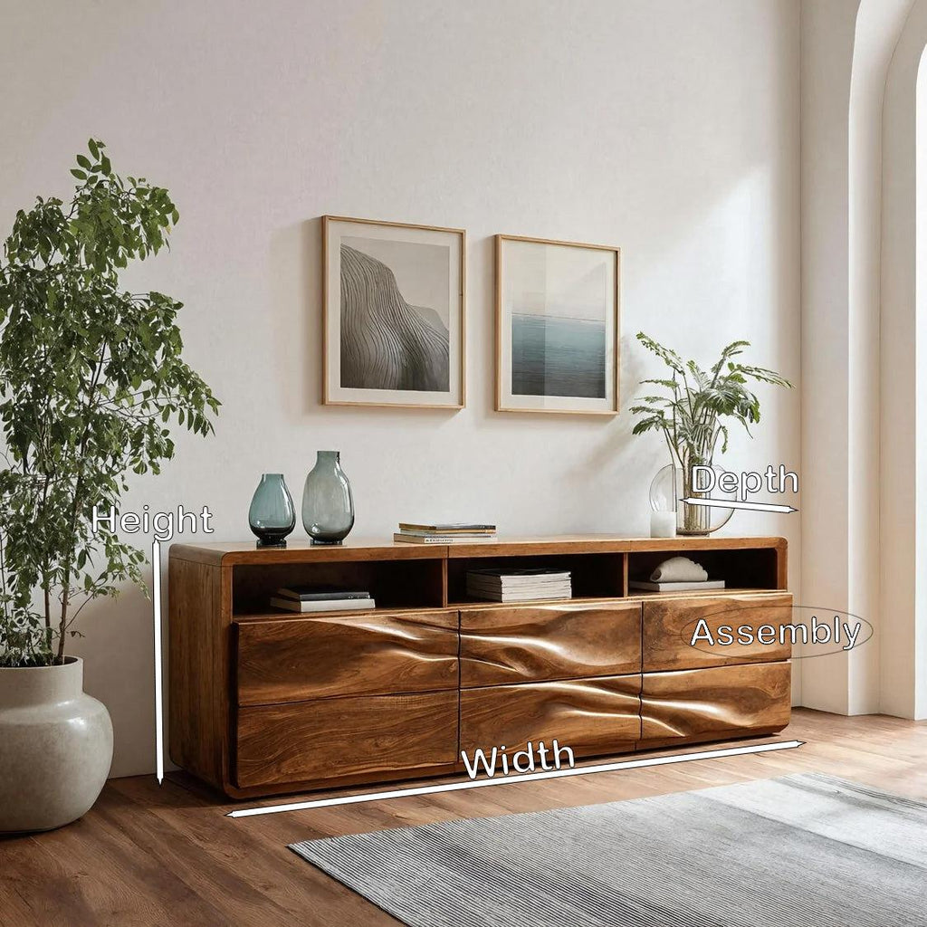 Organic Wave Carved Wood Sideboard, Handcrafted Solid Wood Credenza Storage Cabinet for Modern Living Room, Model