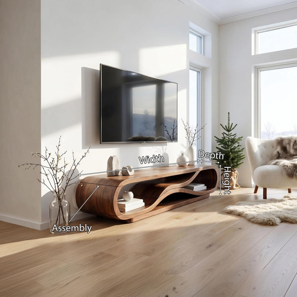 Modern Curved Wood TV Cabinet, Stylish Media Console Shelf & Entertainment Center for Living Room