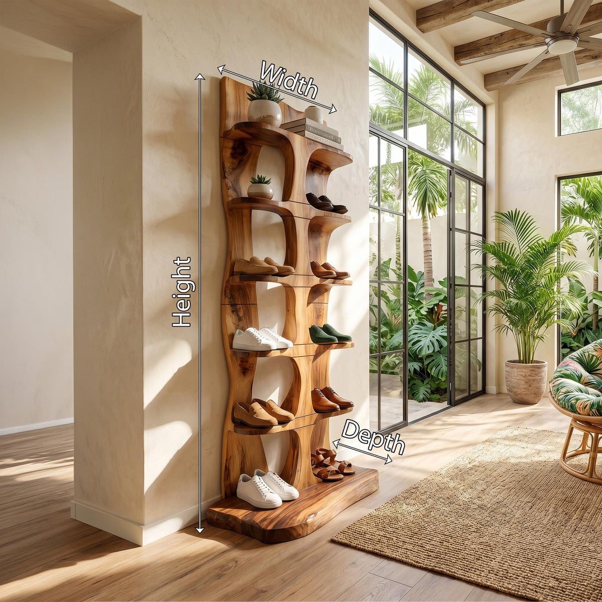 Mid-Century Tall Shoe Storage Rack, Wooden Multi-Tier Shoe Organizer Tower for Foyer & Entryway