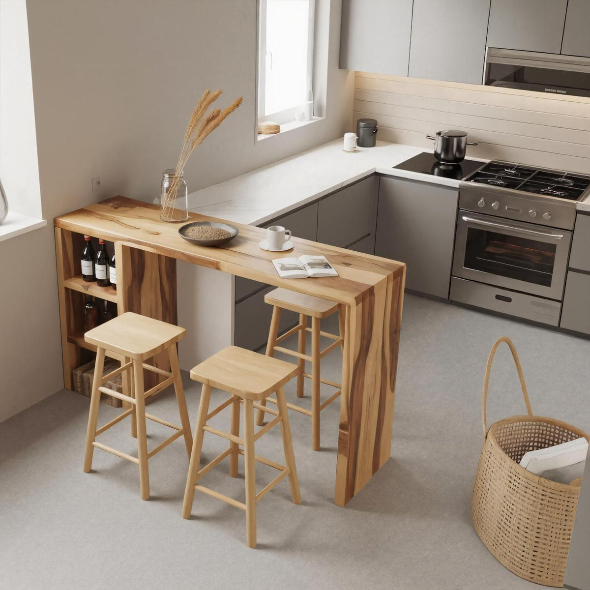 Minimalist Breakfast Bar Table with Stools, Solid Wood Pub Dining Table Set for Small Kitchens, Studios
