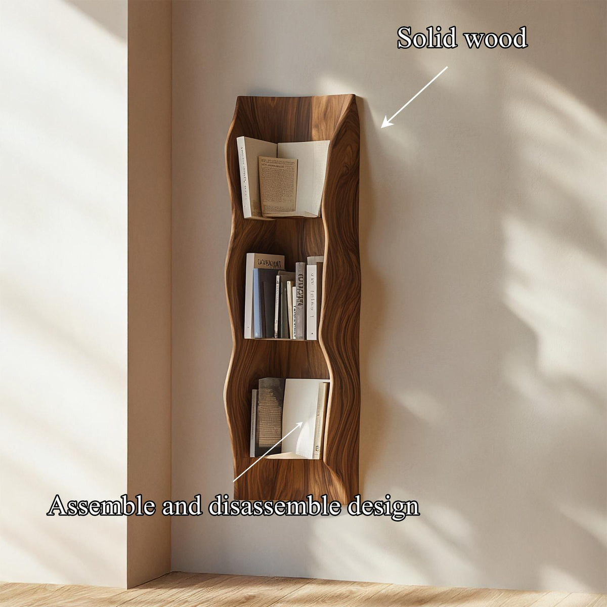Organic Sculptural Wall Bookshelf, Handcrafted Floating Wood Storage Shelving for Living Space