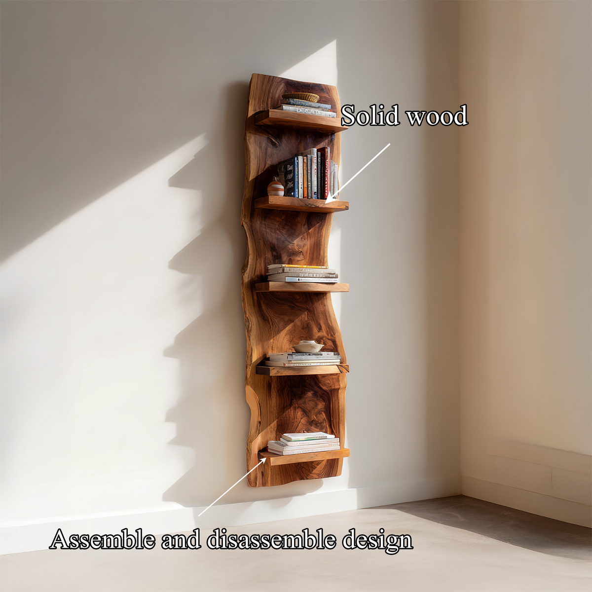 Organic Sculptural Accent Wall Bookshelf, Floating Wood Display Storage Shelving for Living Room