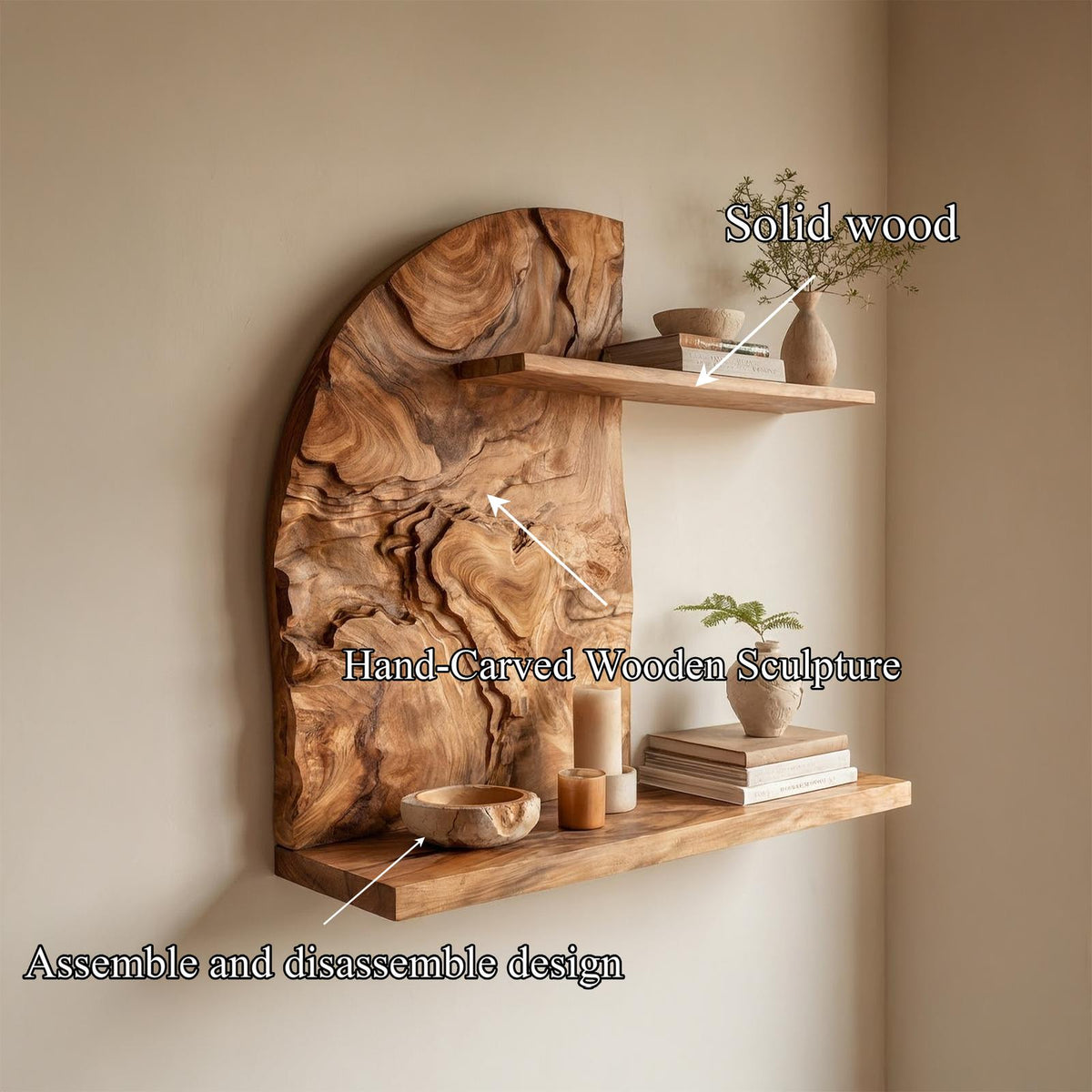 Rustic Solid Wood Wall Shelf, Floating Decorative Display Book Rack for Living Room Wall Decor