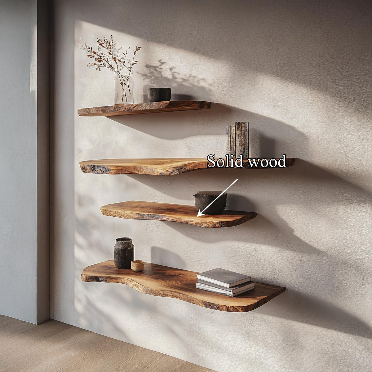 Rustic Organic Floating Wood Shelf, Wall Mounted Natural Edge Display Rack for Living Room & Bedroom