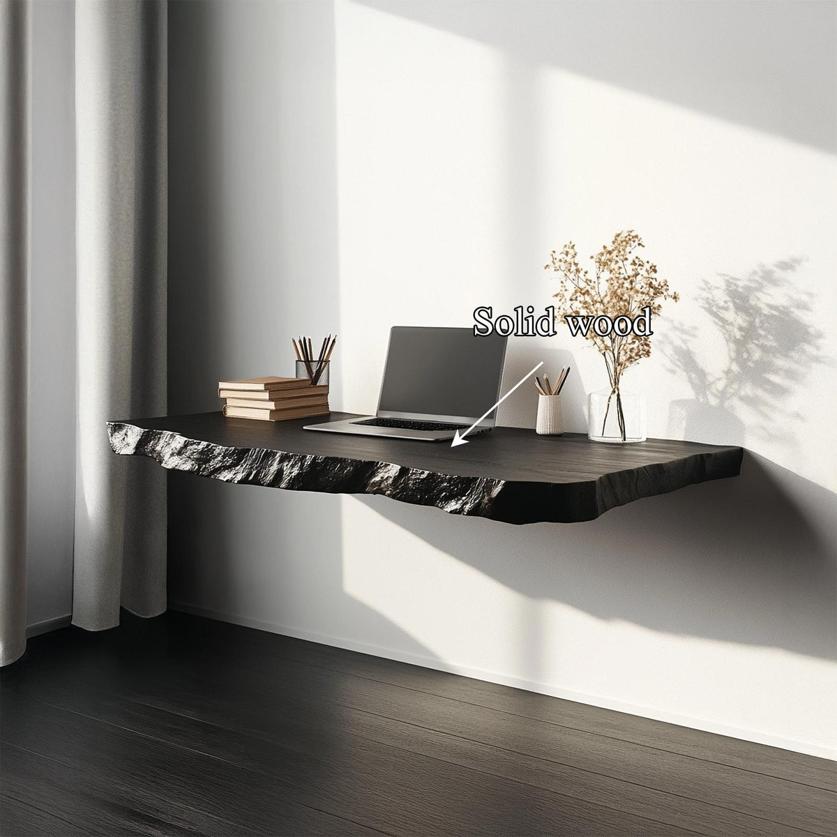 Rustic Wood Computer Floating Desk, Wall Mounted Compact Laptop Study Table for Minimal Home Office